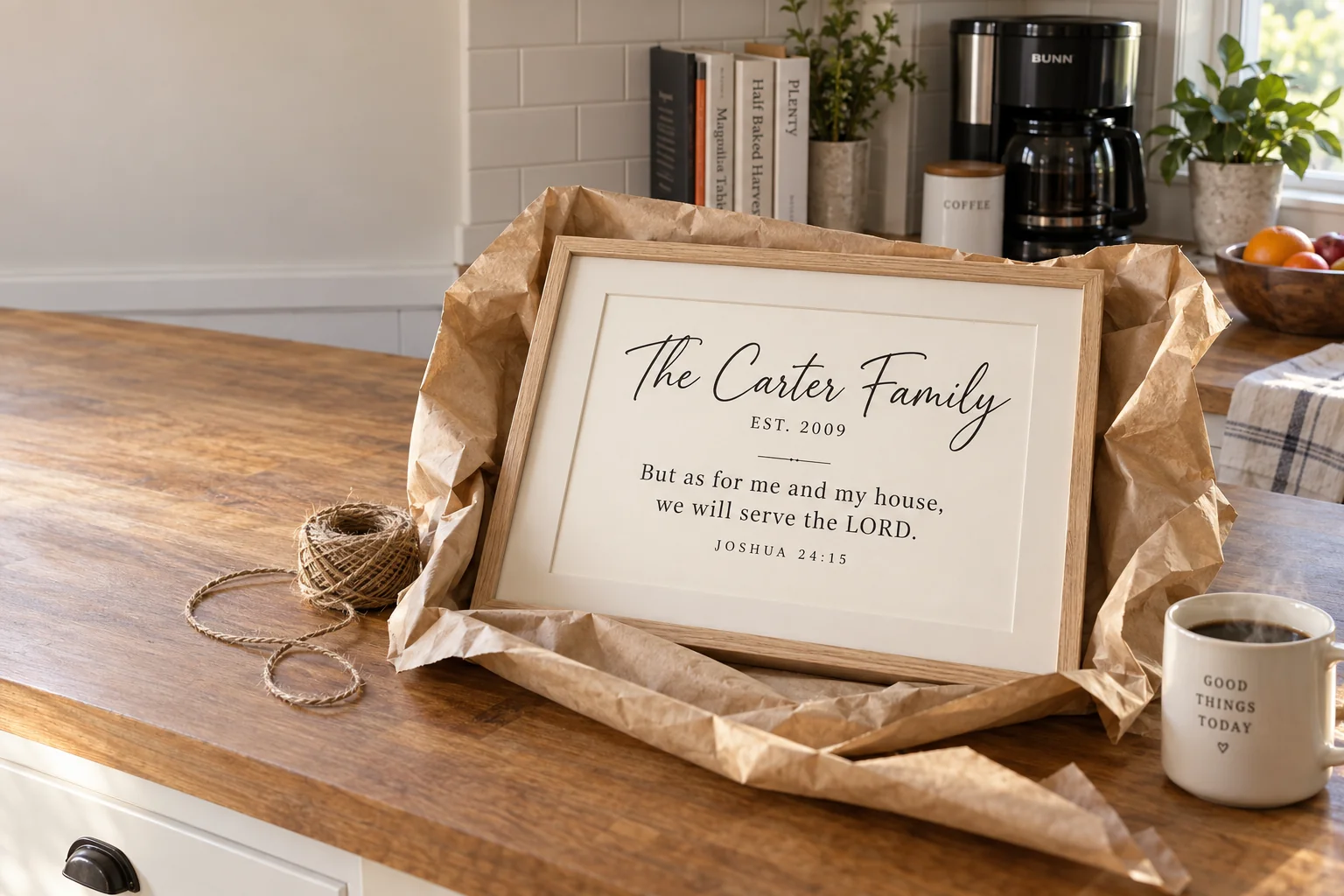 The Carter Family verse print, Joshua 24:15, unwrapped from kraft paper on a kitchen counter