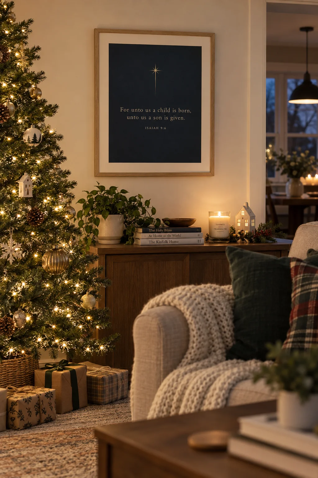 Unto Us a Child, hanging beside a Christmas tree